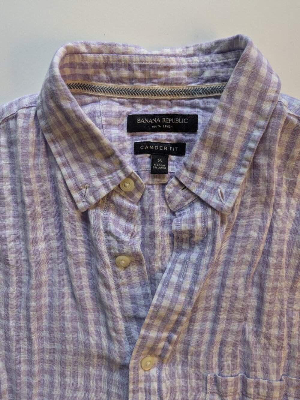 Banana Republic Men's Purple White Plaid Linen Short Sleeve Camden Fit Shirt
